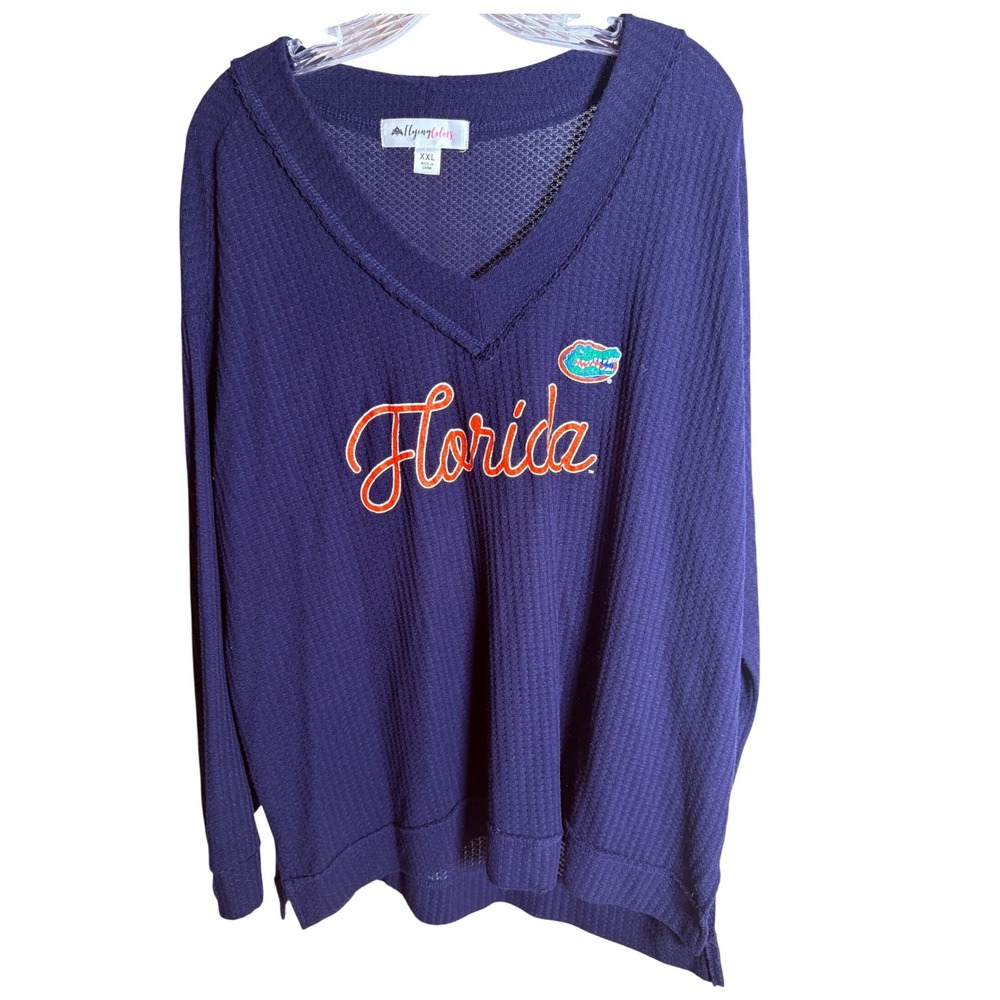 Flying Colors Florida Gators Top Womens XXL Blue Waffle Knit Waverly V-Neck